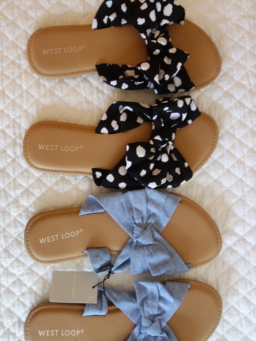 Two Pair (NWT & EUC) WEST LOOP Cushioned Upper Fabric Bow Slide Sandals L 9/10